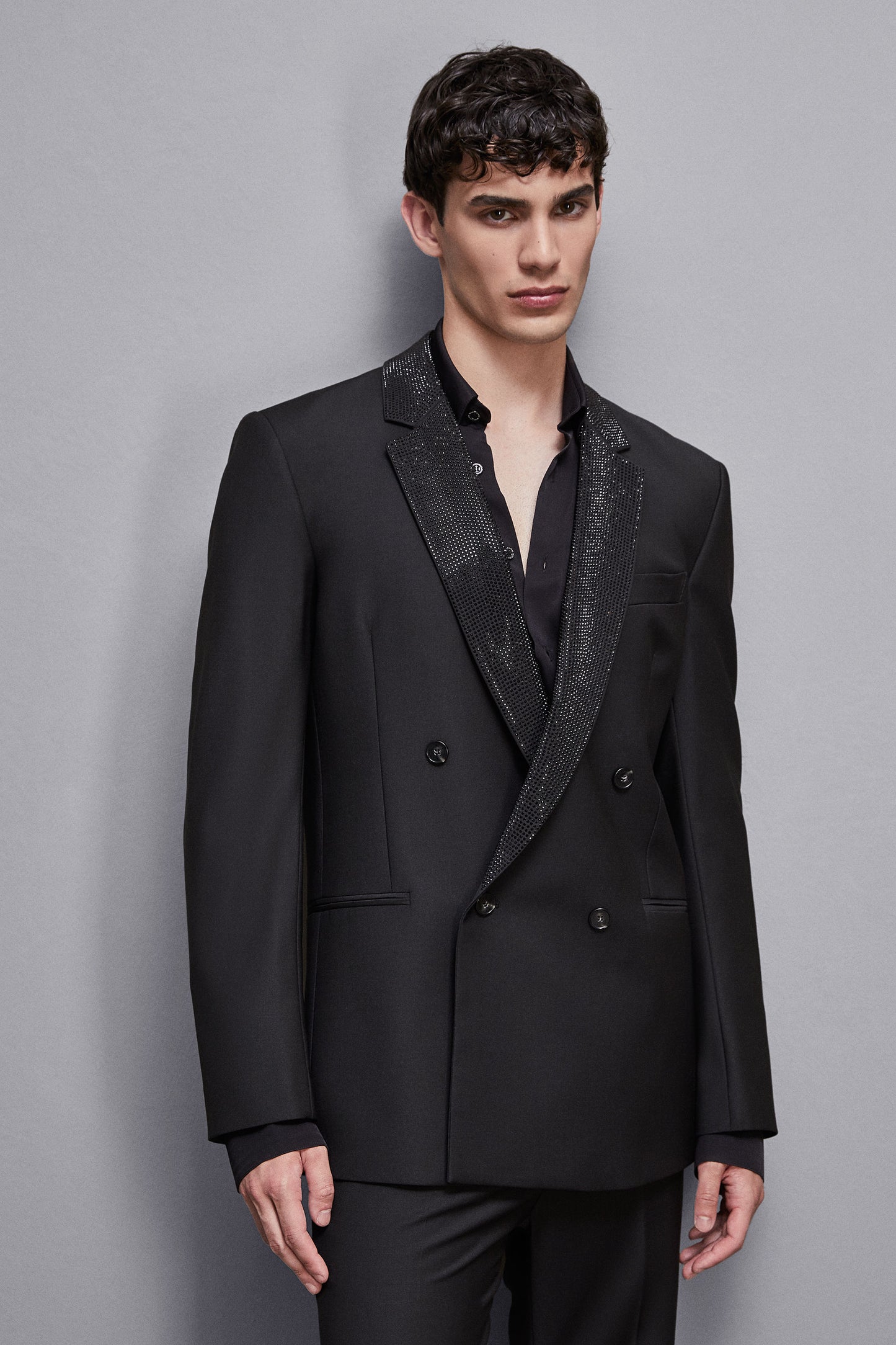 Black Double-breasted jacket with rhinestones by Patrizia Pepe