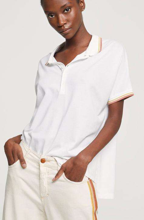 Women’s White Top Closed | Boxy polo shirt with overlapping shoulder made of soft piqué with modale content and flowing fall | Affairedefemmes.net